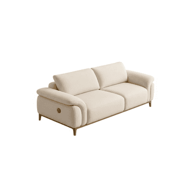 A modern two-seater sofa upholstered in a light beige fabric, featuring rounded armrests, two separate seat cushions, and a wooden base frame with tapered wooden legs. A circular metallic accent disc is visible on the side of one armrest. — 3D model (AI enhanced source)