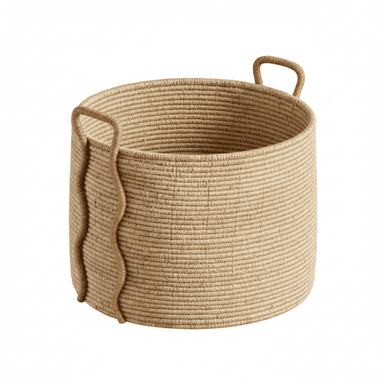A cylindrical storage basket crafted from tightly coiled natural fibers, likely jute or seagrass, presenting a natural light brown color. It features two integrated loop handles at the rim for portability and two decorative wavy vertical rope accents on the exterior sides. The basket has an open-top design and a sturdy base, suitable for various storage needs. — 3D model (AI enhanced source)