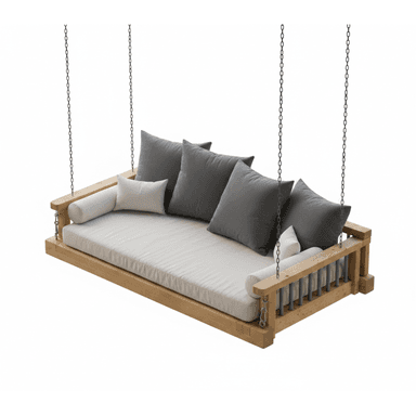 A modern, light-toned wooden suspended daybed featuring a thick off-white mattress cushion, multiple dark grey throw pillows, and white bolster cushions, all suspended by four metal chains. — 3D model (AI enhanced source)