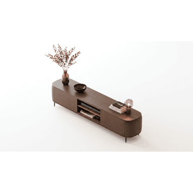 A long, low, contemporary media console featuring a dark wood finish and distinctly rounded ends, supported by slender black metal legs. The center section includes open shelving suitable for media devices and books, while the overall design exudes a sleek, minimalist aesthetic. — 3D model (AI enhanced source)