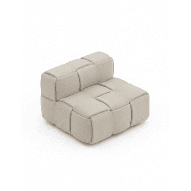 An individual modular armless seating module upholstered in a light beige textured fabric, featuring a distinctive block-cushioned design. This piece is designed for versatile arrangement within a larger seating system, offering flexible configurations. — 3D model (AI enhanced source)