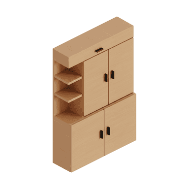 An isometric view of a light-colored wooden storage cabinet featuring multiple storage options including a top drawer, open shelves, and two sets of double-door cabinets. — 3D model (AI enhanced source)