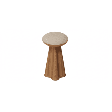 A stool with a round upholstered seat and a flared wooden base. The base has a textured wood grain pattern and curves inward towards the bottom, ending in a subtly scalloped edge. — 3D model (AI enhanced source)
