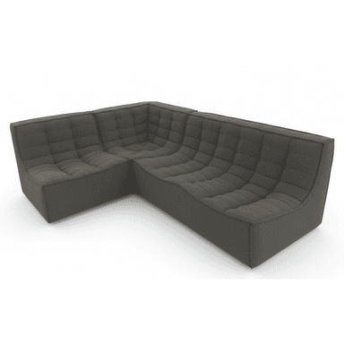 A modular sectional sofa with a low profile and deep seating. The design features a grid-like tufted pattern on the seat and back cushions. The sofa is upholstered in a dark grey textured fabric and is configured in an L-shape. — 3D model (AI enhanced source)