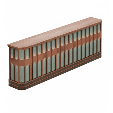 An elongated, modern console table featuring a distinctive architectural design. The top surface is a warm reddish-brown wood, matching the repeating arch-shaped panels on the front facade. These panels alternate with recessed, vertically oriented, rectangular sections that appear to be made of a lighter, translucent material, possibly wood veneer or frosted glass, which are internally illuminated. The entire structure rests on a darker, possibly ebonized, wood base with a subtle tiered profile. The piece is highly decorative and designed to be a focal point. — 3D model (AI enhanced source)