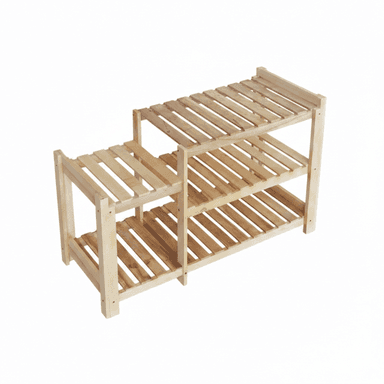 A multi-level, light wood shoe rack featuring slatted shelves and a stepped design, suitable for organizing footwear. — 3D model (AI enhanced source)