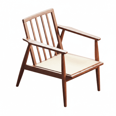 A classic Mid-Century Modern armchair featuring a warm-toned wooden frame with a slatted backrest and integrated armrests. The seat is constructed from a light-colored woven material, likely cane, providing a natural and breathable surface. The chair exhibits clean lines and tapered legs, characteristic of Scandinavian design principles. — 3D model (AI enhanced source)