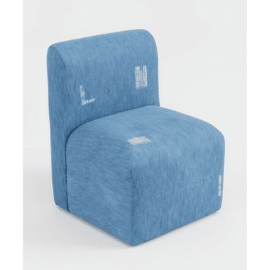 A modern armchair with a compact, blocky design. It features a low-profile seat and a slightly curved, integrated backrest. The upholstery is a textured, medium-blue fabric, possibly denim or a similar textile. Visible white graphic elements, resembling stylized text or symbols, are present on the backrest and seat. — 3D model (AI enhanced source)