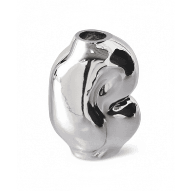 A highly reflective, silver-toned decorative vase featuring an organic, freeform, and sculptural shape. Its surface is polished, creating a mirror-like finish that distorts reflections. The vase has a narrow opening at the top. — 3D model (AI enhanced source)