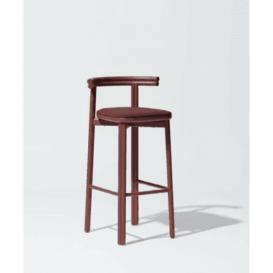 A contemporary bar stool featuring a tubular metal frame in a reddish-brown or burgundy finish, an upholstered seat cushion, and a rounded open backrest. — 3D model (AI enhanced source)