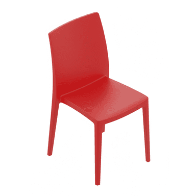 A single red monobloc side chair, made entirely from injection-molded plastic, featuring a minimalist design with a gently curved backrest and tapered legs. — 3D model (AI enhanced source)