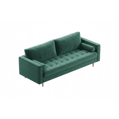 A modern three-seater sofa upholstered in a rich emerald green velvet fabric. It features a button-tufted seat cushion, two large back cushions, and narrow square armrests, each accompanied by a matching cylindrical bolster cushion. The sofa stands on four tapered, light-toned wooden legs. — 3D model (AI enhanced source)