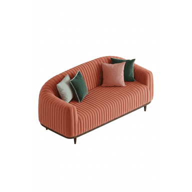 A contemporary channel-tufted loveseat upholstered in coral velvet, featuring a curved back and arms, supported by dark tapered wooden legs. It is adorned with three accent pillows in varying shades. — 3D model (AI enhanced source)