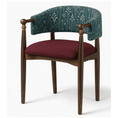 A stylish barrel back armchair featuring a dark stained wooden frame with tapered legs and turned arm supports. The backrest is upholstered in a teal fabric with an off-white geometric or floral pattern, while the seat cushion is upholstered in a solid maroon fabric, creating a striking contrast. The rounded back curves into short arms, supported by the turned wooden posts. — 3D model (AI enhanced source)