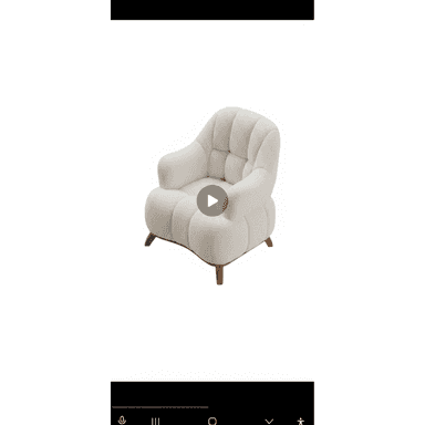 A modern, plush accent armchair with a rounded silhouette, upholstered in a textured, off-white boucle-like fabric featuring distinct channel tufting on the backrest and seat. It stands on four short, tapered wooden legs. — 3D model (AI enhanced source)