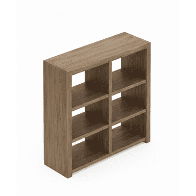 A freestanding, six-compartment cube storage unit featuring a medium brown wood-look finish. The unit is rectangular, with three shelves creating two rows of three equally sized open compartments. It is constructed from engineered wood with a laminate surface, showcasing a visible wood grain texture. The design is simple and minimalist, intended for versatile storage or display. — 3D model (AI enhanced source)
