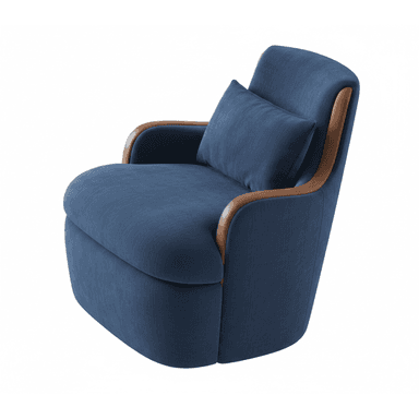 A contemporary armchair with deep blue fabric upholstery and a distinctive curved exposed wood frame. The chair features a plump, integrated seat cushion and a loose back cushion, designed for comfort and style. — 3D model (AI enhanced source)