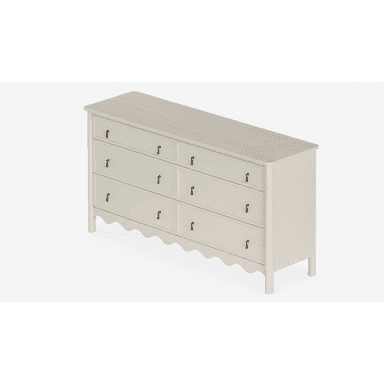 A contemporary light gray double dresser featuring six drawers, arranged in two columns of three. The bottom edge of the dresser has a distinctive scalloped design, and each drawer is fitted with a simple, dark-toned pull handle. The dresser stands on four rounded legs, and its top surface has softly rounded corners. — 3D model (AI enhanced source)