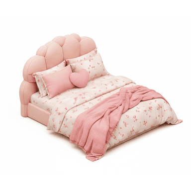 A contemporary platform bed featuring a distinctive scalloped headboard and fully upholstered frame in a soft pink fabric. The bed is adorned with floral patterned bedding, pink throw pillows, and a textured pink blanket, creating a cozy and whimsical aesthetic. The headboard's individual padded sections give it a unique, cloud-like appearance. — 3D model (AI enhanced source)