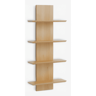 A vertical wall-mounted shelf unit featuring a central wooden panel with four horizontally extending shelves. The shelves are of uniform size and are staggered along the central panel, creating an asymmetrical design. The unit is designed for wall installation. — 3D model (AI enhanced source)
