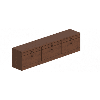 A long, low dark-stained wooden cabinet, likely a sideboard, featuring multiple storage compartments including both drawers and doors, all equipped with small circular black pull handles. The piece has a clean, minimalist design and rests on a recessed plinth base. — 3D model (AI enhanced source)