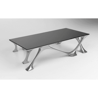 A modern coffee table featuring a rectangular black glass top supported by a highly sculptural, polished silver-tone metal base with organic, branching leg structures. — 3D model (AI enhanced source)