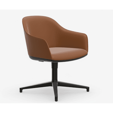 A modern armchair upholstered in brown leather or faux leather, featuring a comfortable bucket seat design with integrated armrests and supported by a black four-star swivel base. — 3D model (AI enhanced source)