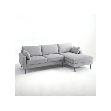 An L-shaped sectional sofa with a light gray fabric upholstery and tapered wooden legs, featuring a clean, modern design. — 3D model (AI enhanced source)