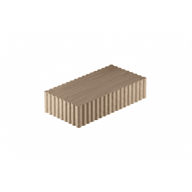 A low-profile rectangular coffee table characterized by a distinctive fluted texture on all its vertical sides. The surface is flat and smooth, suggesting a functional tabletop. It is constructed from a light-toned wood, presenting a natural and contemporary aesthetic. — 3D model (AI enhanced source)