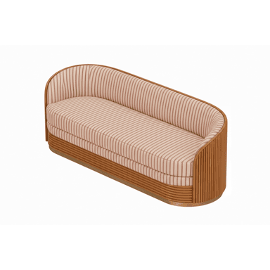 A stylish, curved two-seater loveseat featuring a distinctive reeded wood exterior frame and striped upholstered cushions. The back and arms form a continuous, gently curving line, encasing the seating area. The loveseat rests on a subtly recessed, polished brass-tone base. — 3D model (AI enhanced source)