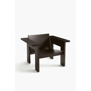 A sturdy, dark brown wooden armchair with a minimalist, angular design. It features broad, flat armrests, a straight backrest, and a slightly contoured seat, all supported by thick, block-like legs. The wood grain is visible, adding texture to its dark finish. — 3D model (AI enhanced source)