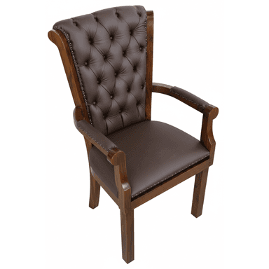 A traditional style armchair featuring a rich brown tufted backrest and seat, set within a dark wooden frame with exposed armrests. The upholstery is adorned with decorative nailhead trim. — 3D model (AI enhanced source)