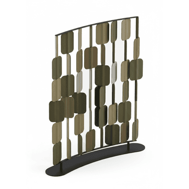 A modern freestanding room divider composed of a curved black metal frame with a flat base, supporting numerous rectangular panels with rounded corners. These panels are arranged vertically in multiple columns, staggered and overlapping, and appear to be made of a felted or fabric material in varying shades of olive green and beige. The design suggests both visual division and potential acoustic dampening properties. — 3D model (AI enhanced source)