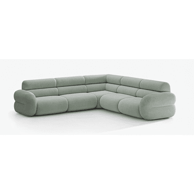 An L-shaped modern modular sectional sofa upholstered in a light green, textured fabric, featuring soft, rounded forms and distinctive horizontal channel tufting across the backrests and seat cushions. — 3D model (AI enhanced source)