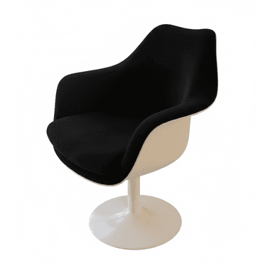 A Mid-Century Modern inspired armchair featuring a black upholstered bucket seat and back, set within a white molded shell. The chair rests on a distinctive white pedestal base, providing a sleek and continuous aesthetic. Its organic, fluid lines and integrated armrests are characteristic of the era's design philosophy. — 3D model (AI enhanced source)