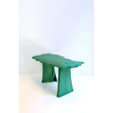 A sculptural console table featuring a vibrant green finish and an organic, irregular live edge tabletop, supported by two thick, irregularly shaped legs. The material appears to be wood or a wood-like resin with visible striations or grain. — 3D model (AI enhanced source)