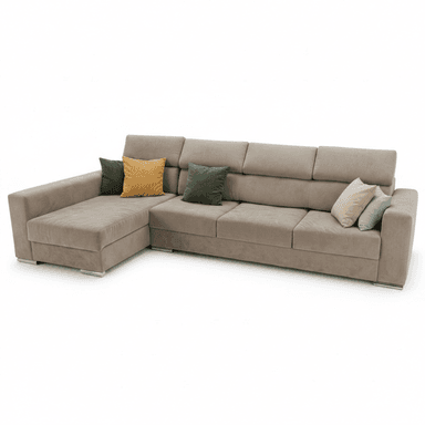 A large, contemporary L-shaped sectional sofa upholstered in a light taupe or beige fabric. It features a long chaise on the left side, segmented backrests, and is supported by sleek, low-profile polished metal feet. Several accent throw pillows in green and mustard yellow are placed on the sofa. — 3D model (AI enhanced source)
