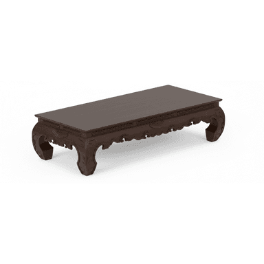 A low-profile rectangular table crafted from dark wood, featuring extensively carved details along its apron and legs. — 3D model (AI enhanced source)