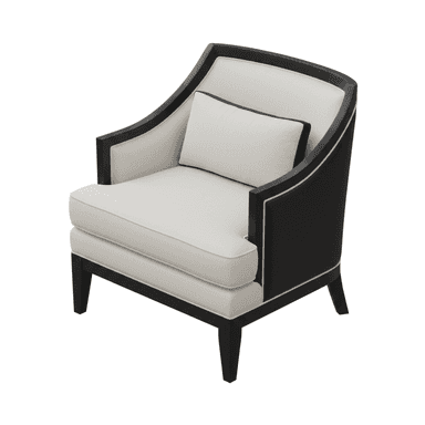 A contemporary upholstered accent chair featuring an exposed dark wood frame that outlines the back and arms. The seat, backrest, and a small lumbar cushion are upholstered in a light, possibly off-white or cream-colored fabric, accented with thin dark piping along the edges of the upholstery and the outer frame. The chair has straight, tapered dark wood legs. — 3D model (AI enhanced source)