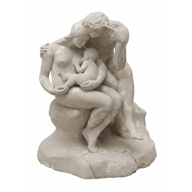 A figurative plaster sculpture depicting a family group. A mother is seated, cradling and breastfeeding an infant, while a father figure leans in from behind, embracing them. The figures are nude, rendered in a naturalistic style, and rest upon an integrated base that shows visible cracks and a distressed, off-white finish. — 3D model (AI enhanced source)