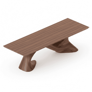 A long, rectangular table featuring a smooth, dark-grained wooden top supported by a uniquely sculpted wooden base. The base is composed of organic, flowing curves that provide a stable yet artistic foundation for the tabletop. The overall aesthetic is modern and sophisticated. — 3D model (AI enhanced source)