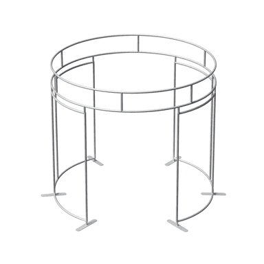 A cylindrical display stand constructed from metal tubing. It features two horizontal circular rings connected by vertical supports. The base consists of flat, extended feet for stability. The overall structure is open and appears designed for holding or showcasing items. — 3D model (AI enhanced source)