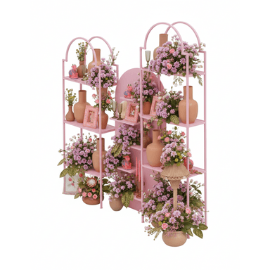A decorative, freestanding shelving unit constructed from pink-painted metal, featuring a multi-tiered design with elegant arched tops. The unit is styled with numerous floral arrangements in terracotta vases, picture frames, and small decorative objects. — 3D model (AI enhanced source)