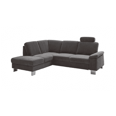 A contemporary L-shaped sectional sofa in dark gray ribbed fabric, featuring a permanent chaise lounge extension on the left side and adjustable headrests on certain sections, supported by polished metal block feet. — 3D model (AI enhanced source)