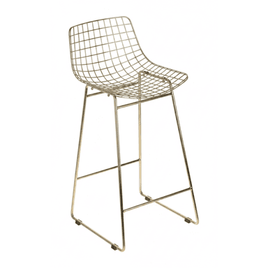 A tall, contemporary bar stool constructed from gold-finished metal wire. It features a contoured, grid-patterned seat and backrest, supported by a sled-style tubular metal base with an integrated footrest. — 3D model (AI enhanced source)