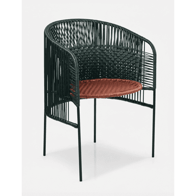 A modern armchair featuring a dark green woven cord back and armrests, paired with a contrasting reddish-brown woven seat, all supported by slender black metal legs. The design is contemporary and appears suitable for both indoor and outdoor settings. — 3D model (AI enhanced source)