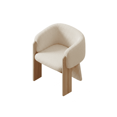 A contemporary armchair featuring a rounded, upholstered seat and back in off-white boucle fabric, supported by a distinctive light wood frame that forms the front legs and wraps around the sides of the backrest. — 3D model (AI enhanced source)