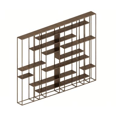 A modern, open-frame shelving unit crafted from bronzed metal, featuring a geometric arrangement of shelves within a rectangular framework. The unit presents an asymmetric and dynamic visual structure, suitable for displaying various items. — 3D model (AI enhanced source)
