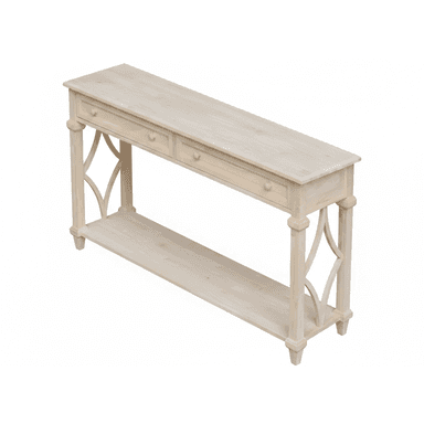 A slender console table crafted from unfinished, light-toned wood. It features a long rectangular top surface, three shallow drawers with simple round knob pulls, and a full-length lower shelf for additional storage or display. The table stands on four turned legs, which are connected by decorative, openwork X-shaped supports on the sides, adding a traditional or transitional design element. — 3D model (AI enhanced source)