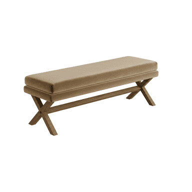 A rectangular bench featuring a thick, upholstered cushion in a beige/tan color supported by a dark wood X-frame base. — 3D model (AI enhanced source)